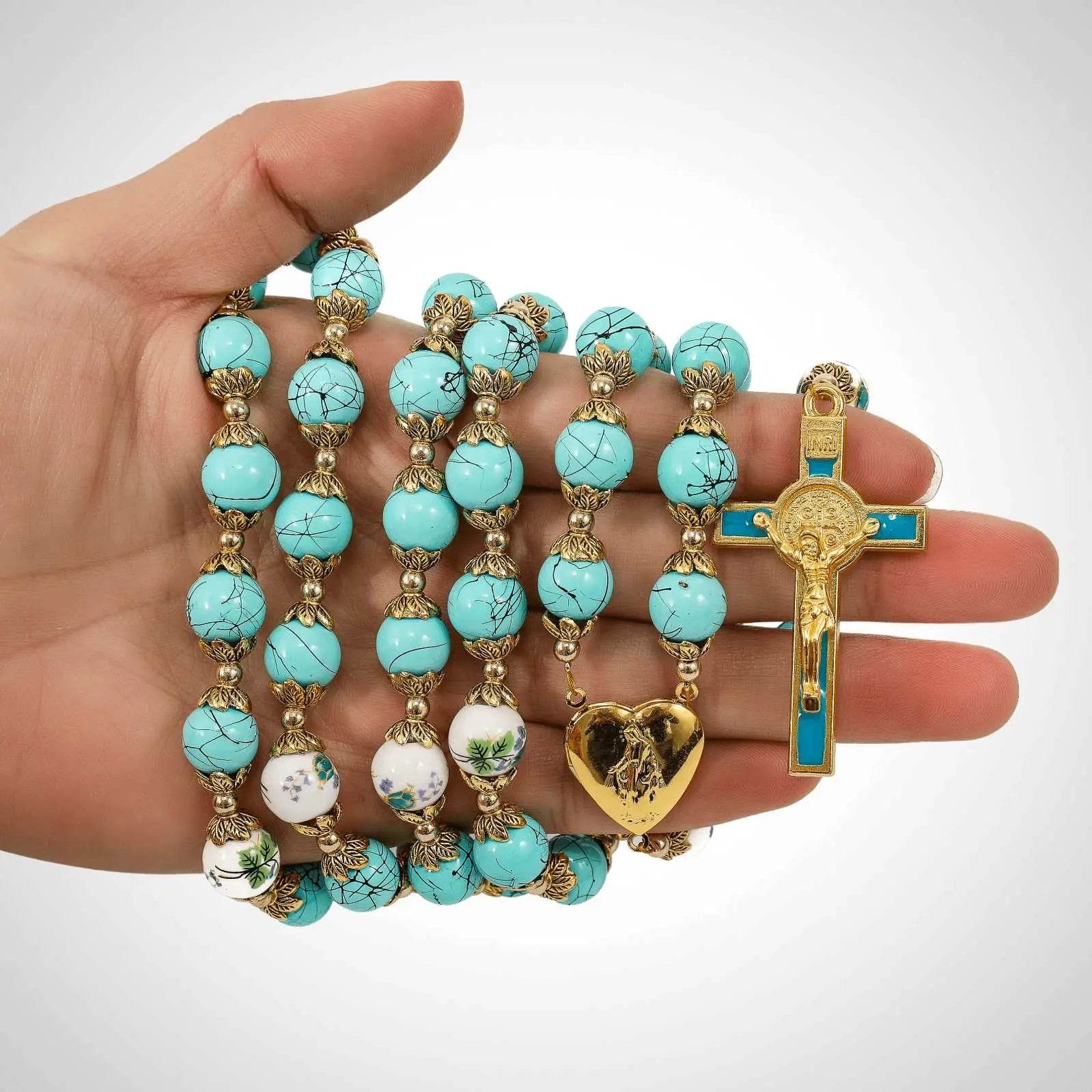 Turquoise Glass Rosary Necklace Flower Mystery Beads with Miraculous Medal & St. Benedict Crucifix - Nazareth Store