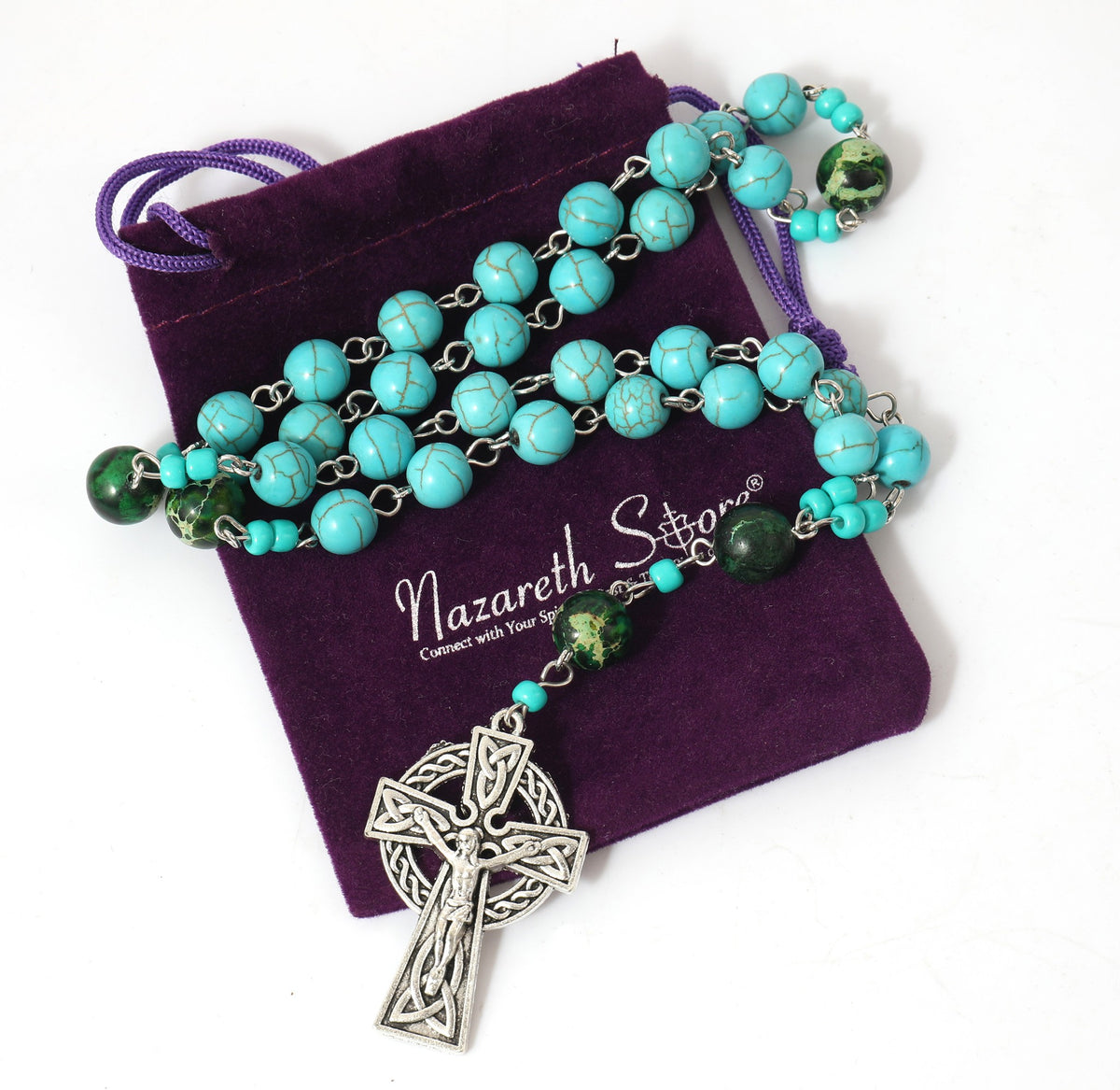 Turquoise Gemstone Beads Rosary Metal Beaded Prayer Rosary Celtic Cross Crucifix - Nazareth Store