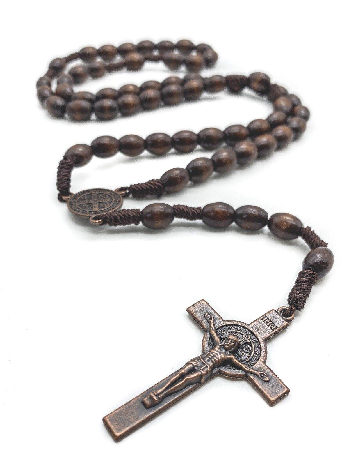 Dark Wooden Beads Rosary Necklace with Saint Benedict Medal & Crucifix - Nazareth Store