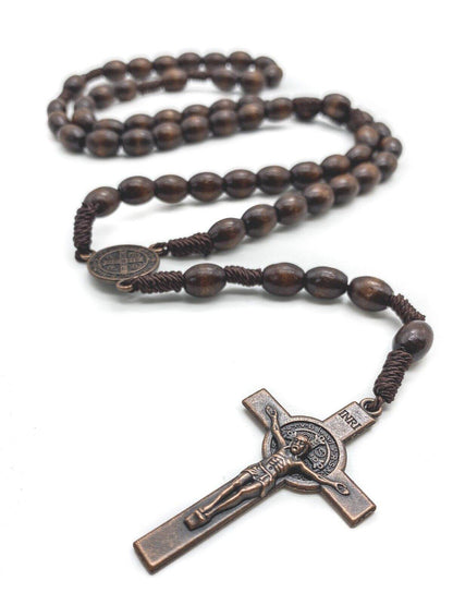 Dark Wooden Beads Rosary Necklace with Saint Benedict Medal & Crucifix - Nazareth Store
