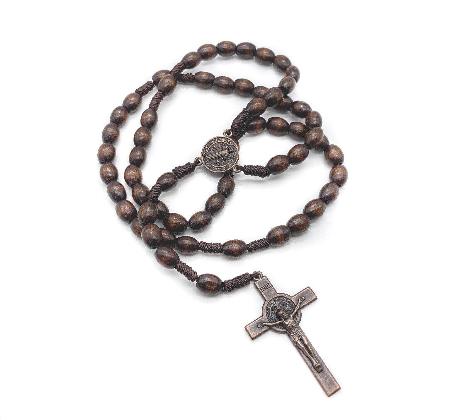 Dark Wooden Beads Rosary Necklace with Saint Benedict Medal & Crucifix - Nazareth Store