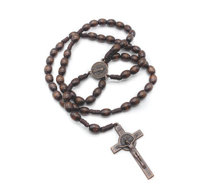 Dark Wooden Beads Rosary Necklace with Saint Benedict Medal & Crucifix - Nazareth Store