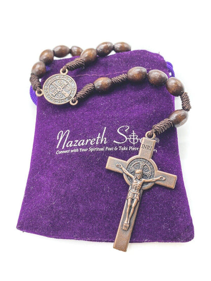 Dark Wooden Beads Rosary Necklace with Saint Benedict Medal & Crucifix - Nazareth Store