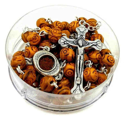Carved Olive Wood Beads Rosary Necklace Holy Soil Medal