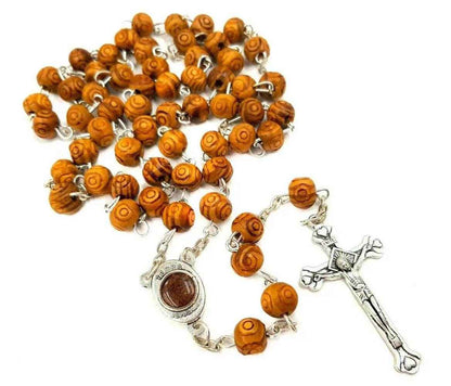 Carved Olive Wood Beads Rosary Necklace Holy Soil Medal