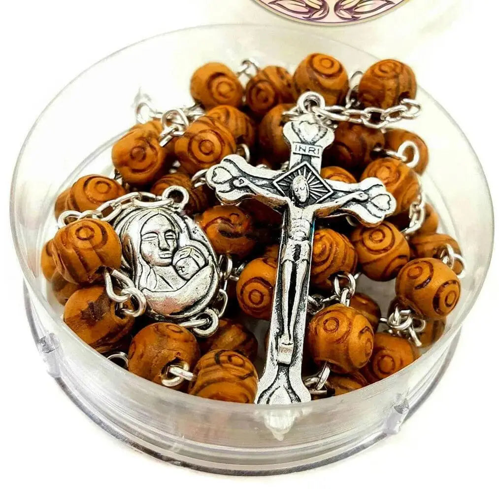 Carved Olive Wood Beads Rosary Necklace Holy Soil Medal 