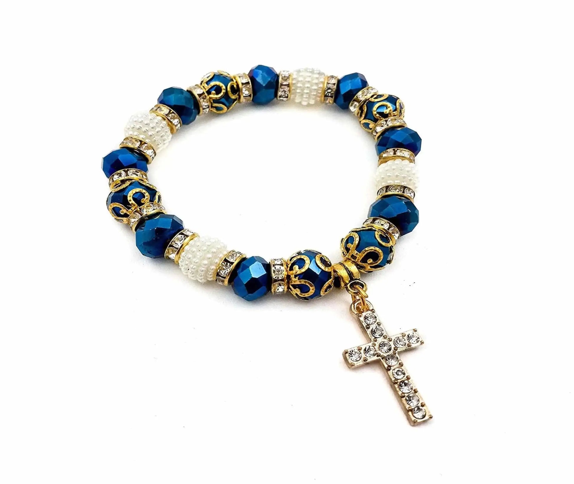 Catholic Cross Rosary Bracelet Deep Blue Crystal Beads Wrist Bangle 