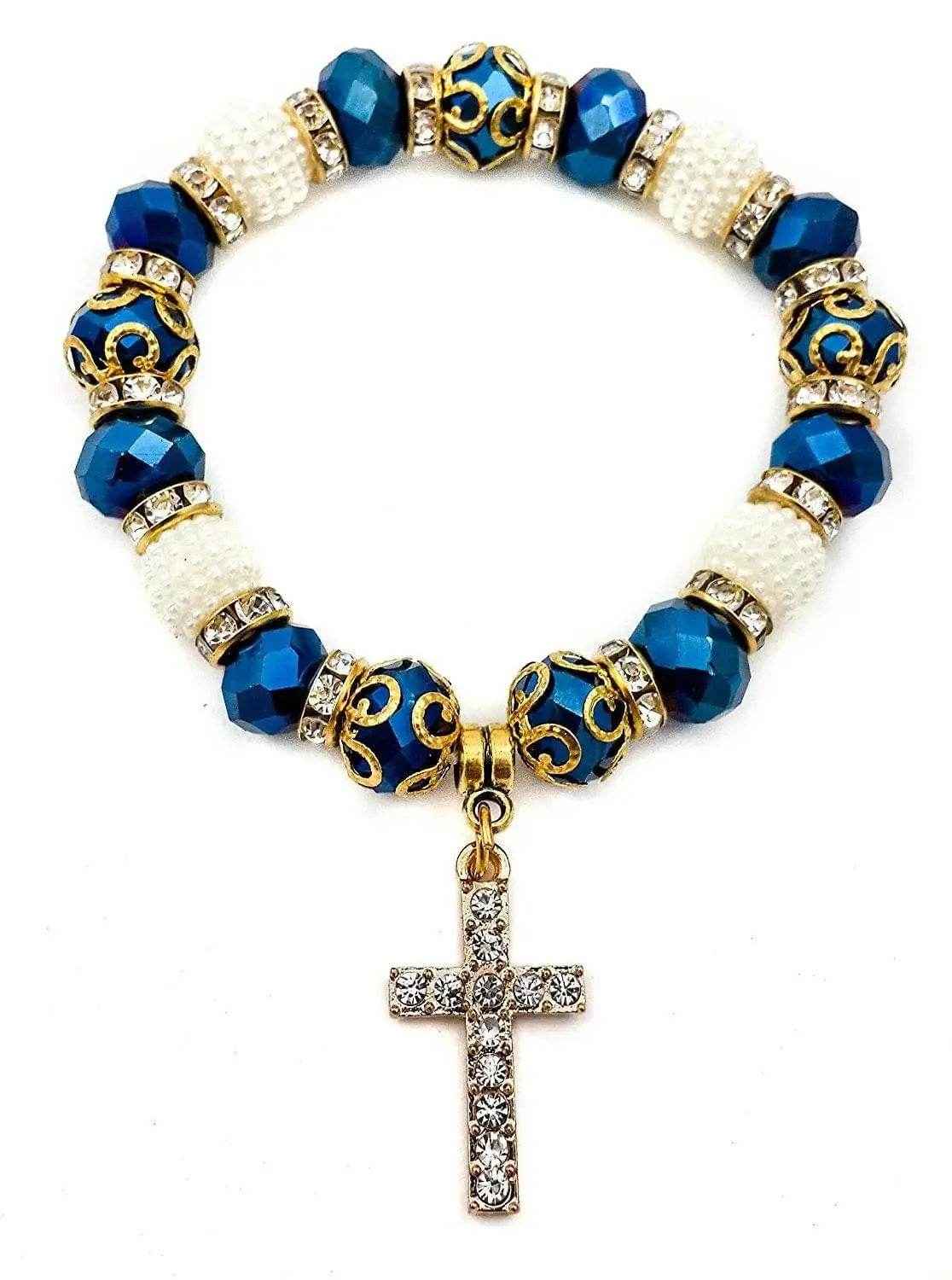 Catholic Cross Rosary Bracelet Deep Blue Crystal Beads Wrist Bangle