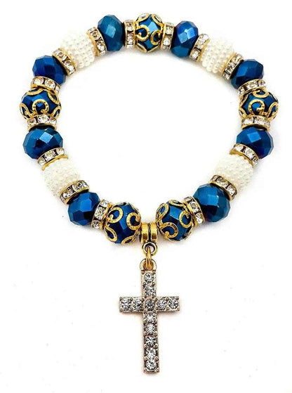 Catholic Cross Rosary Bracelet Deep Blue Crystal Beads Wrist Bangle