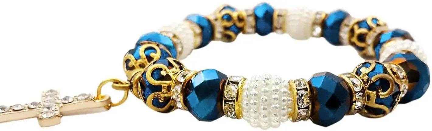 Catholic Cross Rosary Bracelet Deep Blue Crystal Beads Wrist Bangle
