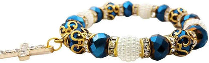 Catholic Cross Rosary Bracelet Deep Blue Crystal Beads Wrist Bangle