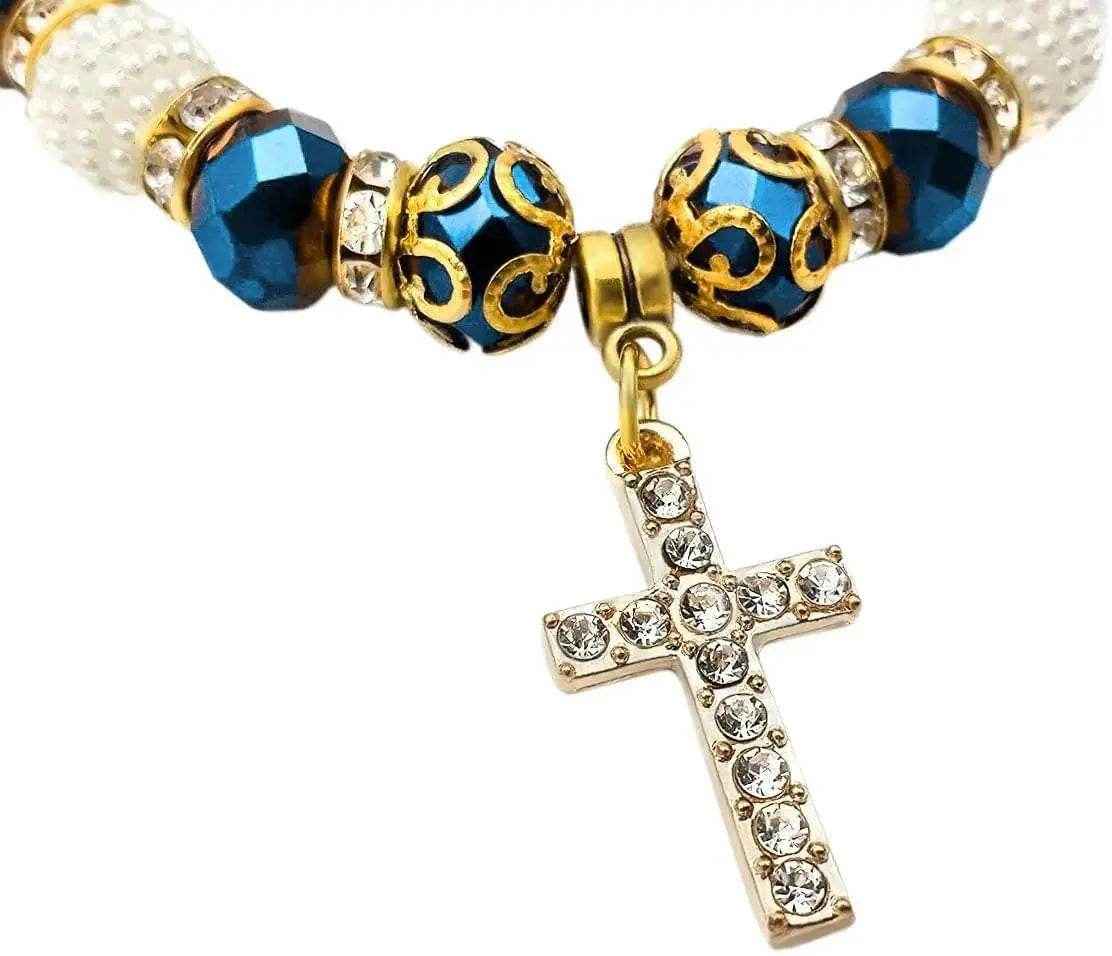 Catholic Cross Rosary Bracelet Deep Blue Crystal Beads Wrist Bangle