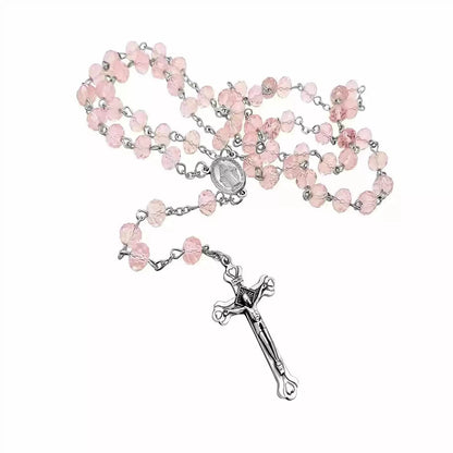 Catholic Pink Crystal Beads Rosary Necklace Miraculous Medal - Nazareth Store