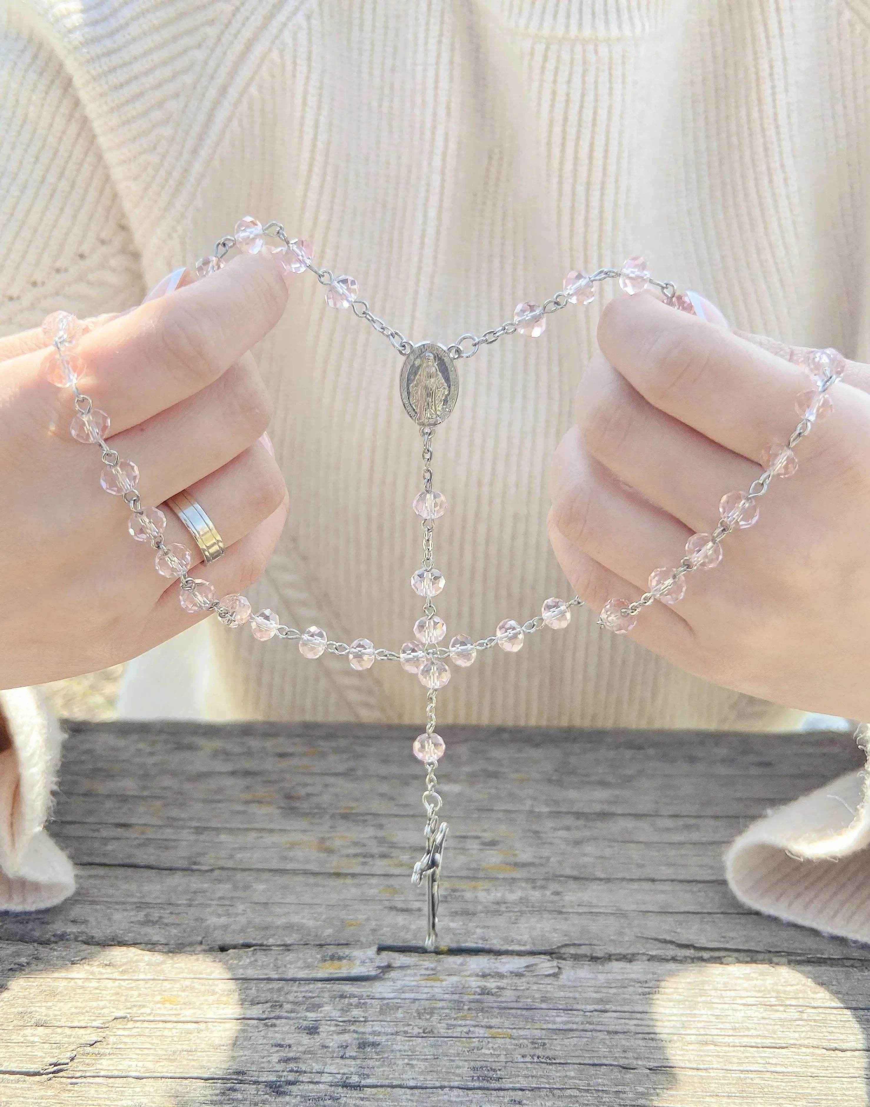 Catholic Pink Crystal Beads Rosary Necklace Miraculous Medal