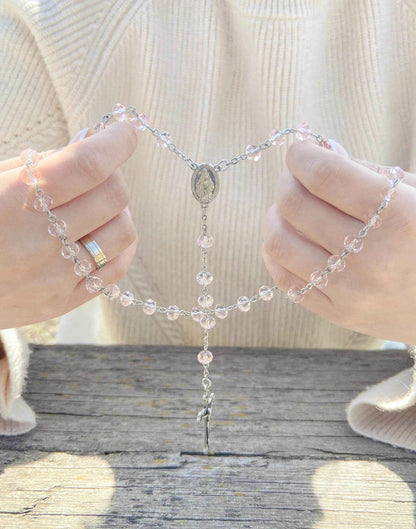 Catholic Pink Crystal Beads Rosary Necklace Miraculous Medal