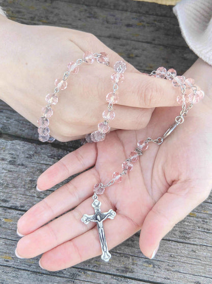 Catholic Pink Crystal Beads Rosary Necklace Miraculous Medal