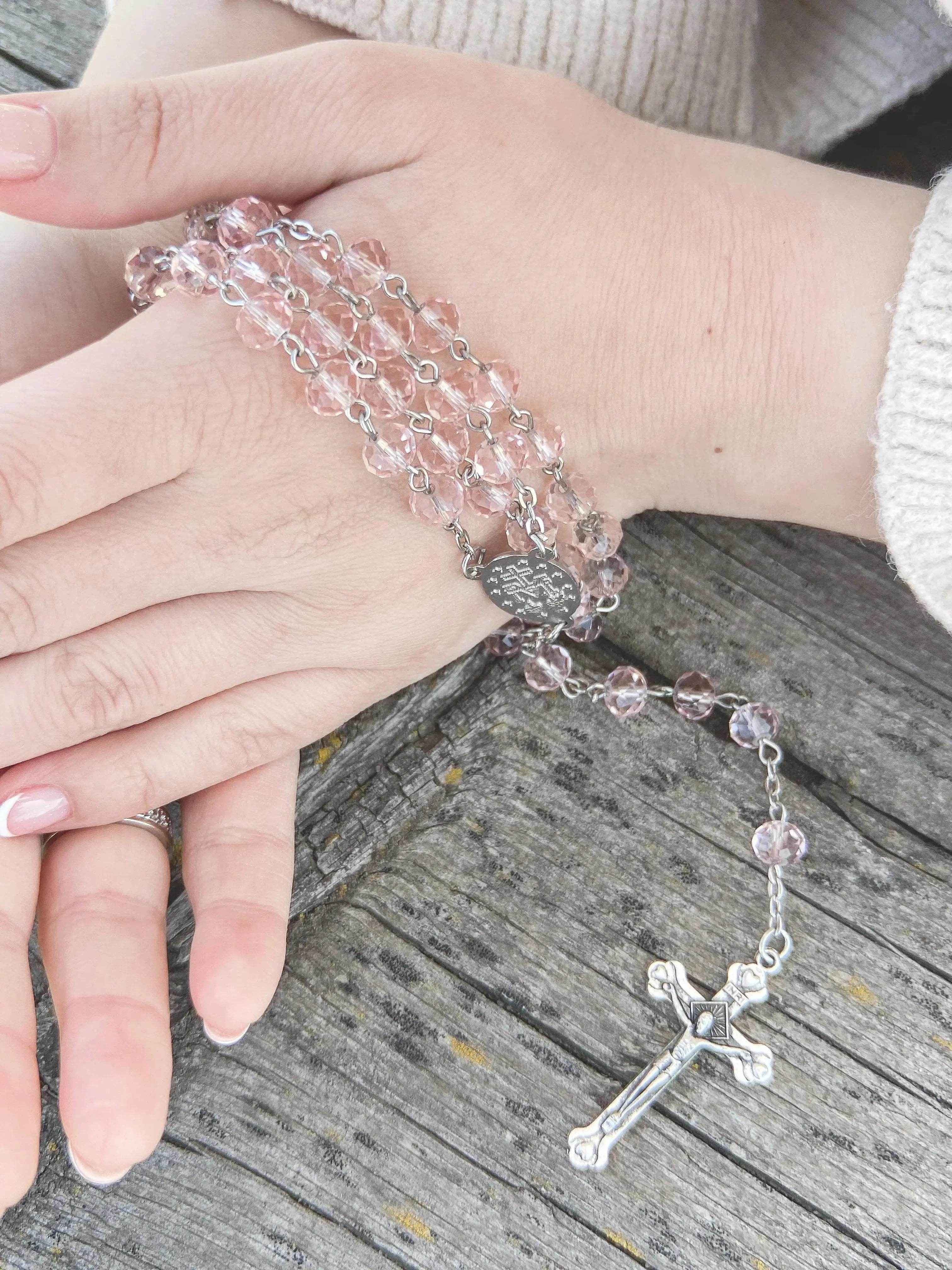 Catholic Pink Crystal Beads Rosary Necklace Miraculous Medal