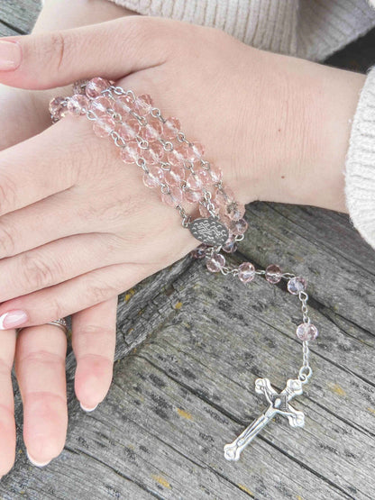 Catholic Pink Crystal Beads Rosary Necklace Miraculous Medal