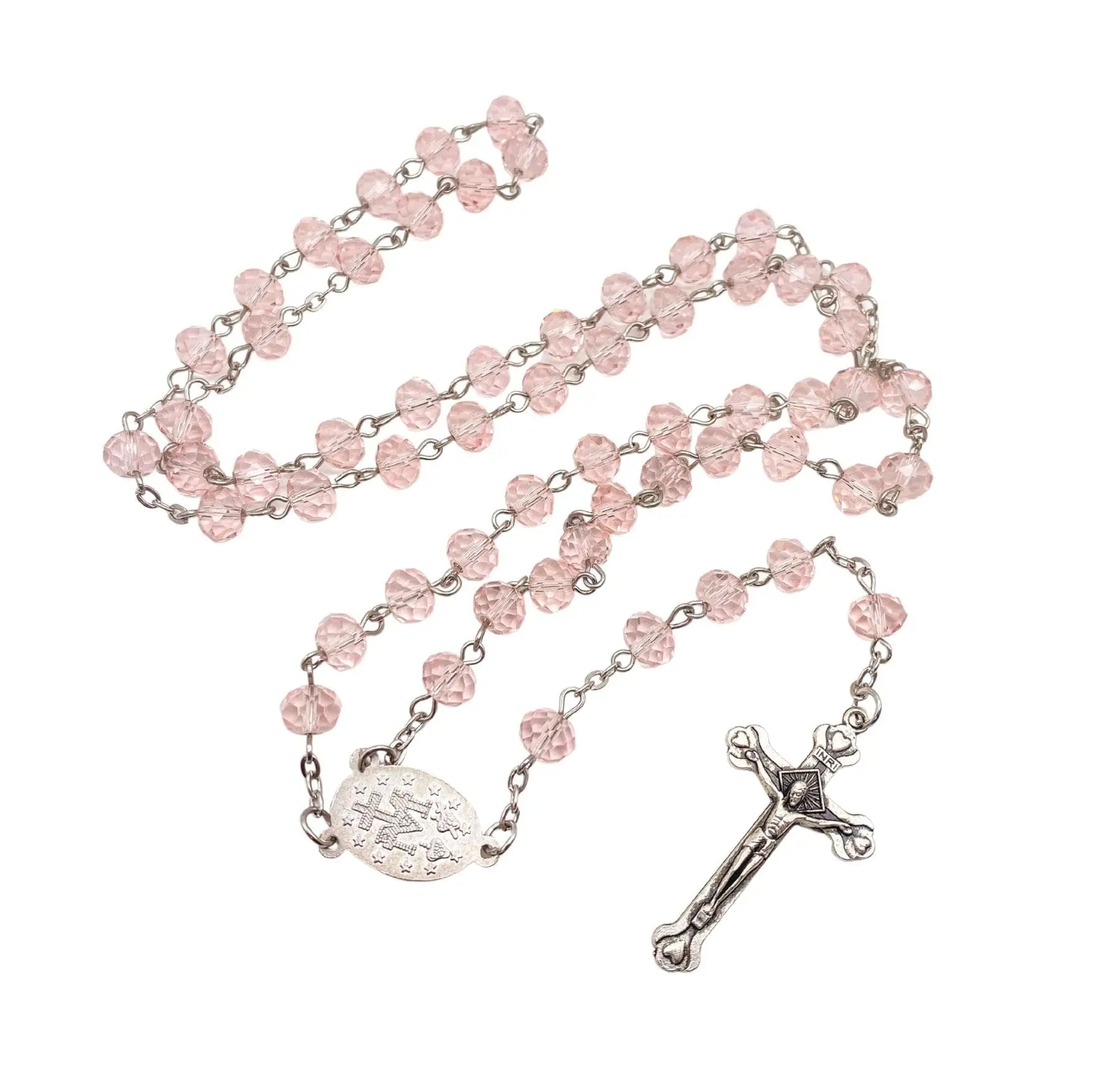 Catholic Pink Crystal Beads Rosary Necklace Miraculous Medal