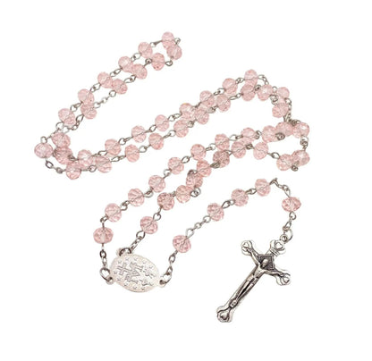 Catholic Pink Crystal Beads Rosary Necklace Miraculous Medal - Nazareth Store