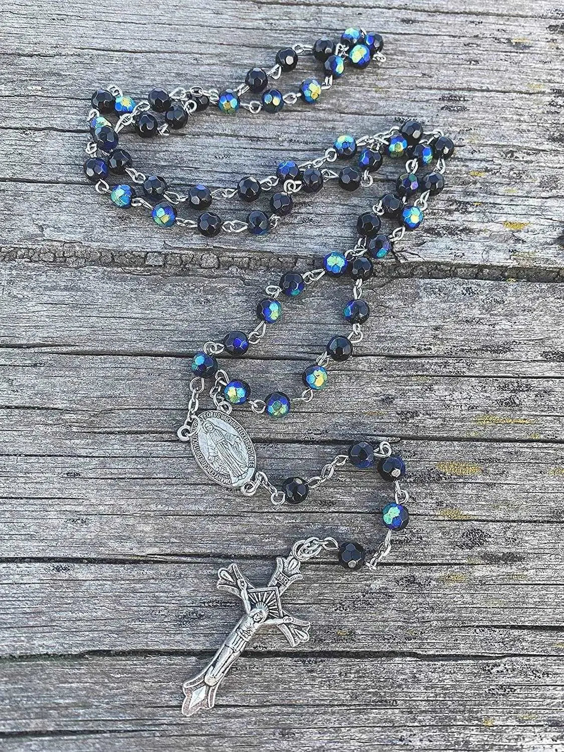 Catholic Rosary Necklace Black Blue Crystal Beads Miraculous Medal Nazareth Store