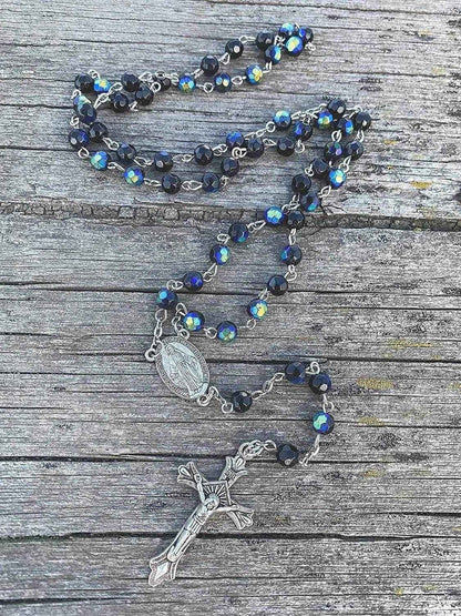 Black Blue Crystal Rosary Necklace Catholic Beads Miraculous Medal