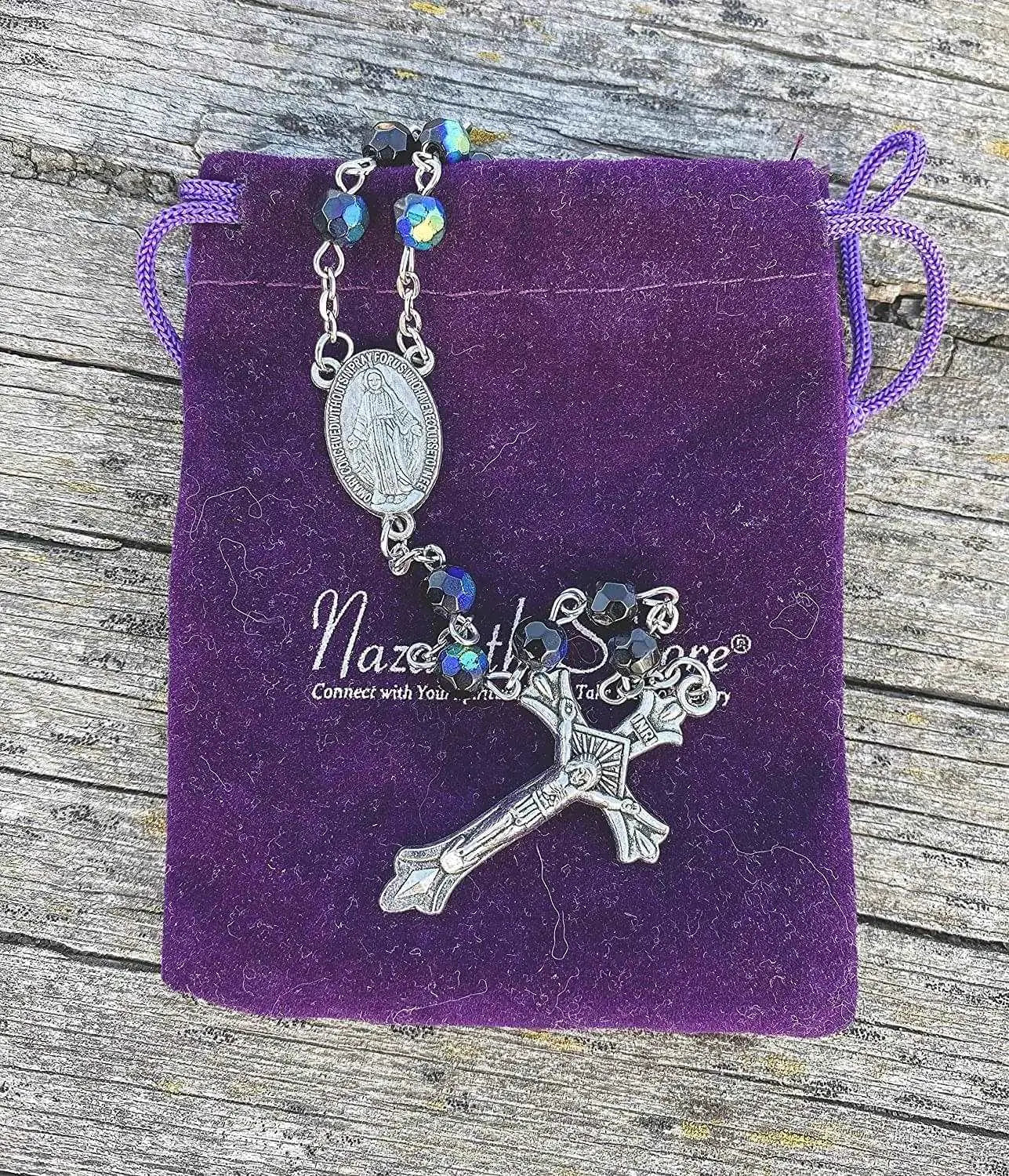 Catholic Rosary Necklace Black Blue Crystal Beads Miraculous Medal Nazareth Store