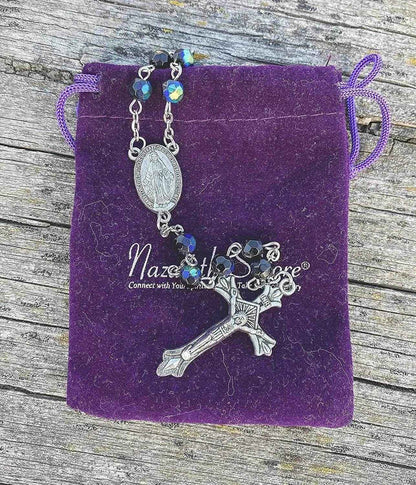 Black Blue Crystal Rosary Necklace Catholic Beads Miraculous Medal