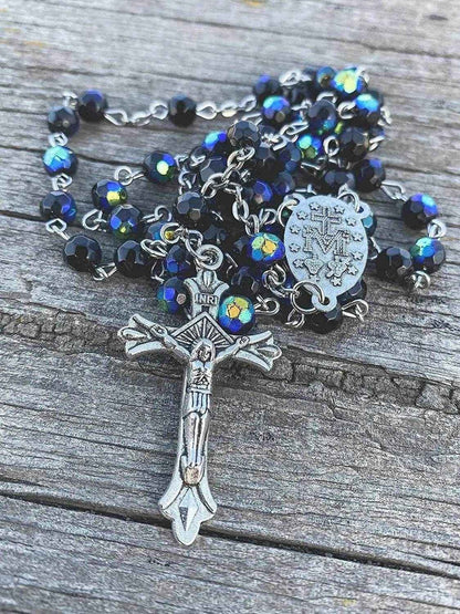 Black Blue Crystal Rosary Necklace Catholic Beads Miraculous Medal