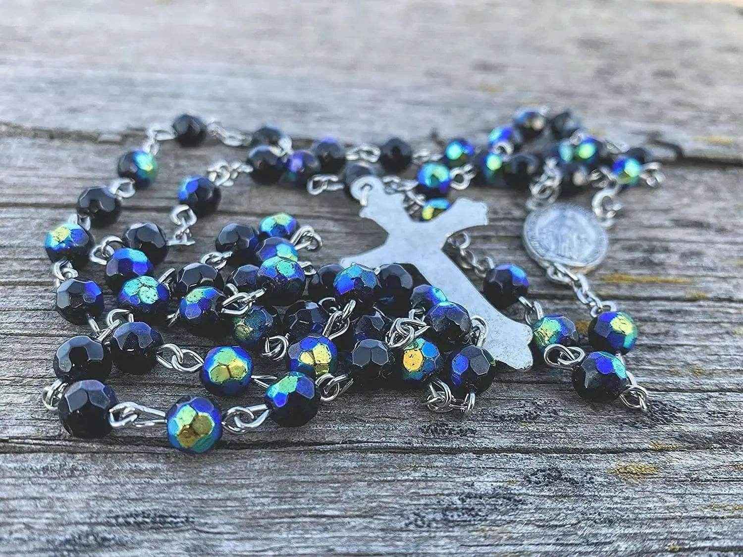 Black Blue Crystal Rosary Necklace Catholic Beads Miraculous Medal