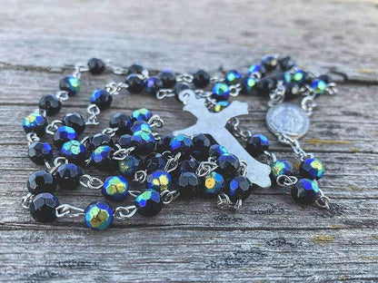 Black Blue Crystal Rosary Necklace Catholic Beads Miraculous Medal
