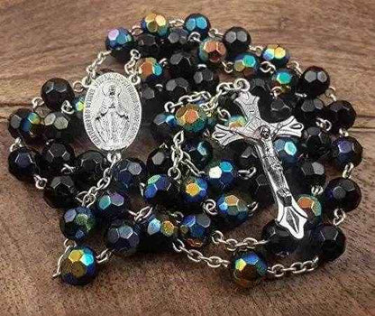 Black Blue Crystal Rosary Necklace Catholic Beads Miraculous Medal
