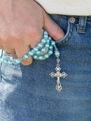 Turquoise Pearl Beads Rosary Necklace with Miraculous Medal  & Cross Crucifix - Nazareth Store