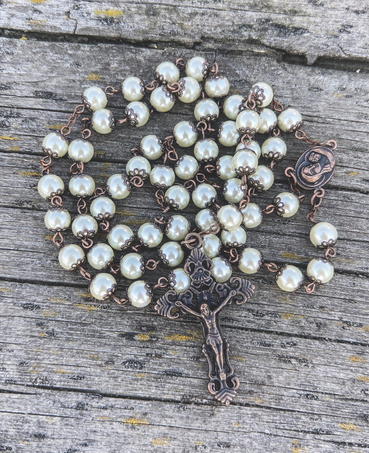 Cream Pearl Beads Rosary Necklace with Holy Soil Medal - Nazareth Store