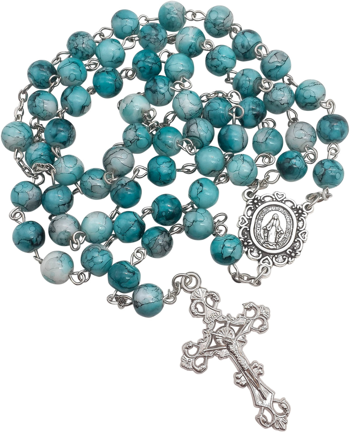 Catholic Turquoise Marble Rosary Necklace with Glass Beads & Miraculous Medal Cross - Nazareth Store