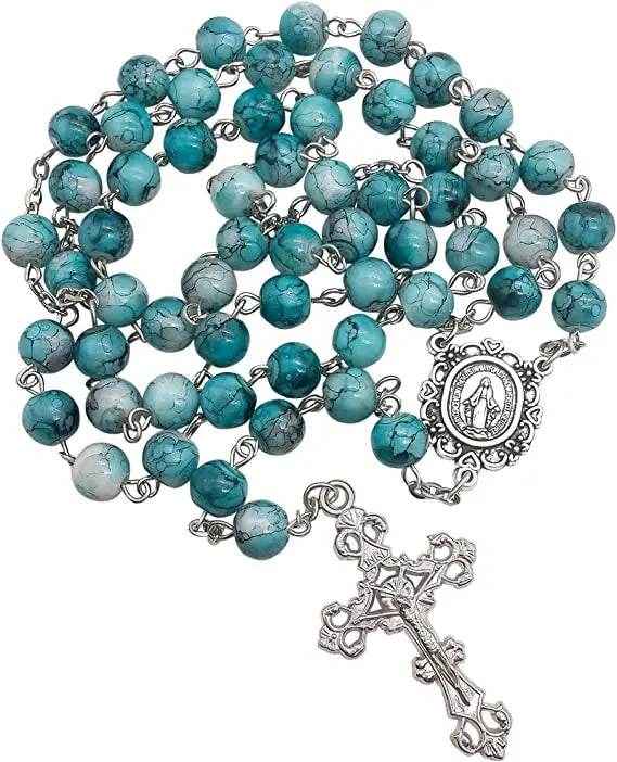 Catholic Turquoise Marble Rosary Necklace with Glass Beads & Miraculous Medal Cross - Nazareth Store