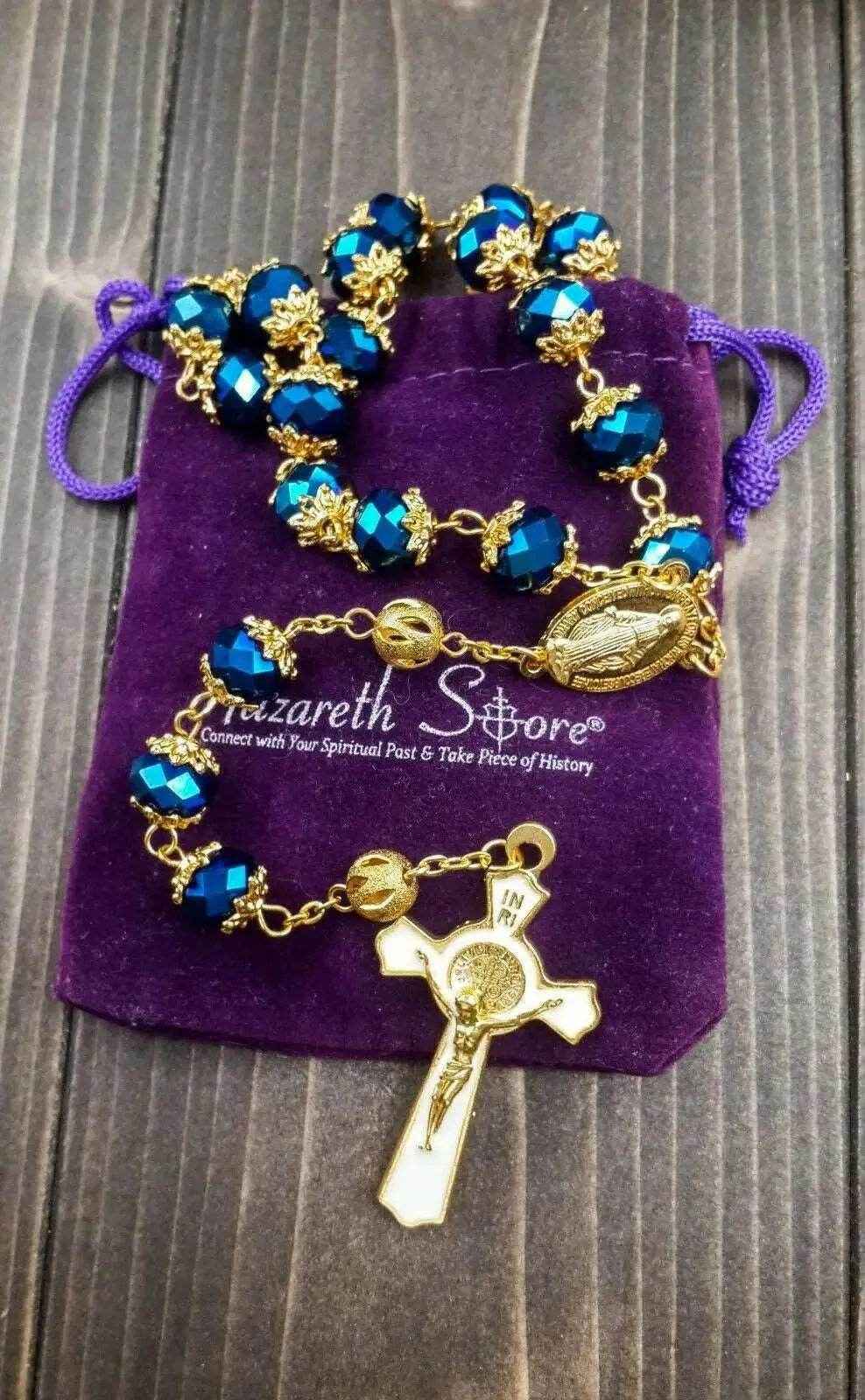 St Benedict Deep Blue Rosary Necklace 10mm Crystals Beaded Chaplet - Nazareth Store