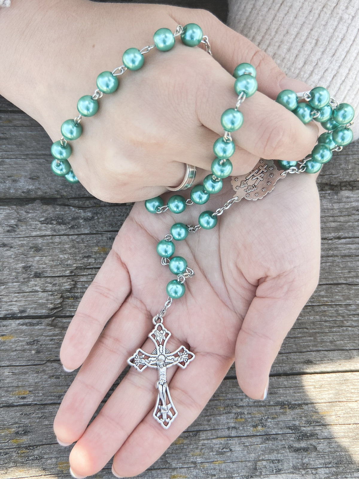 Turquoise Marble Pearl Beads Rosary with Miraculous Medal & Cross - Velvet Bag - Nazareth Store