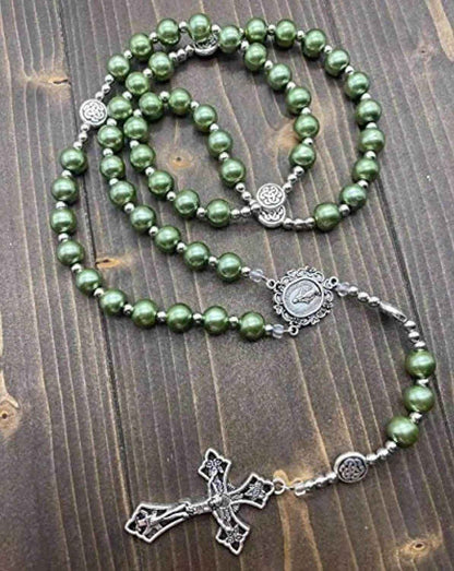 Green Pearl Rosary Necklace with Miraculous Medal & Cross Crucifix Catholic Prayer Beads - Nazareth Store