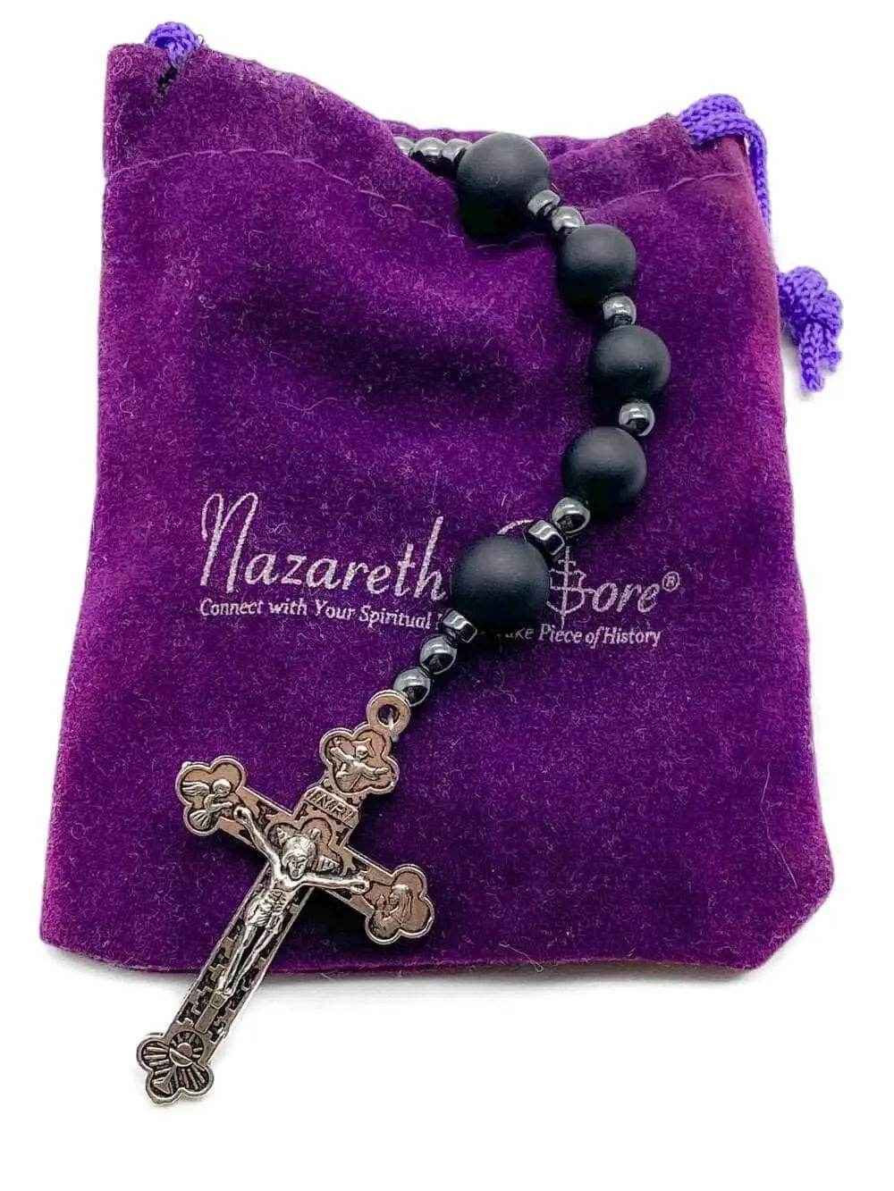 Black Agate Matte Rosary Necklace with Holy Soil Medal & Cross Crucifix Catholic Hematite Stones Prayer Beads - Nazareth Store