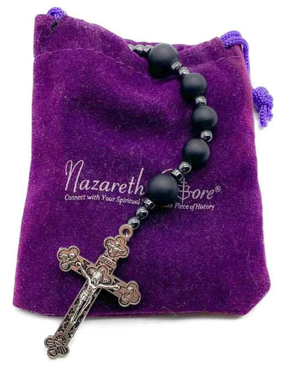 Black Agate Matte Rosary Necklace with Holy Soil Medal & Cross Crucifix Catholic Hematite Stones Prayer Beads - Nazareth Store