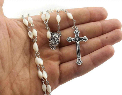 Catholic Rosary Necklace Pearl Shell Beads with Jerusalem Holy Soil Medal - Nazareth Store
