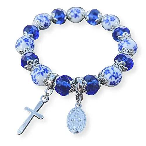 Christian Cross Bracelet Blue Crystal Beaded Stretch