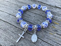 Christian Cross Bracelet Blue Crystal Beaded Stretch Rosary Bracelet 