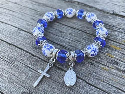 Christian Cross Bracelet Blue Crystal Beaded Stretch Rosary Bracelet - Nazareth Store