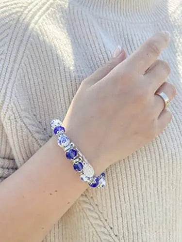 Christian Cross Bracelet Blue Crystal Beaded Stretch Rosary Bracelet - Nazareth Store