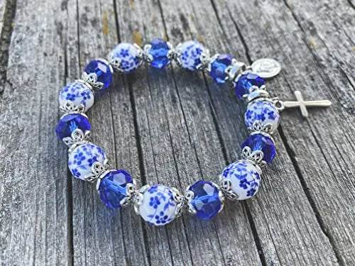 Christian Cross Bracelet Blue Crystal Beaded Stretch Rosary Bracelet - Nazareth Store