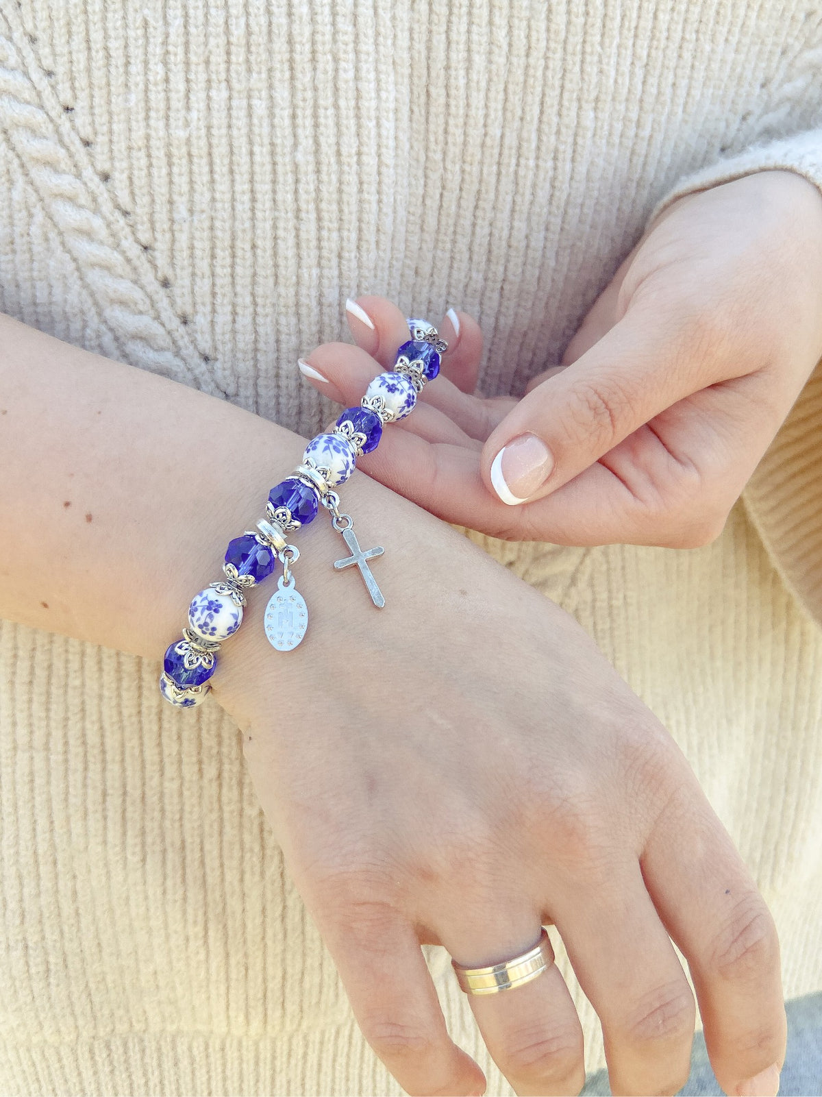 Christian Cross Bracelet Blue Crystal Beaded Stretch Rosary Bracelet - Nazareth Store