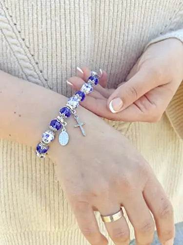 Christian Cross Bracelet Blue Crystal Beaded Stretch Rosary Bracelet - Nazareth Store