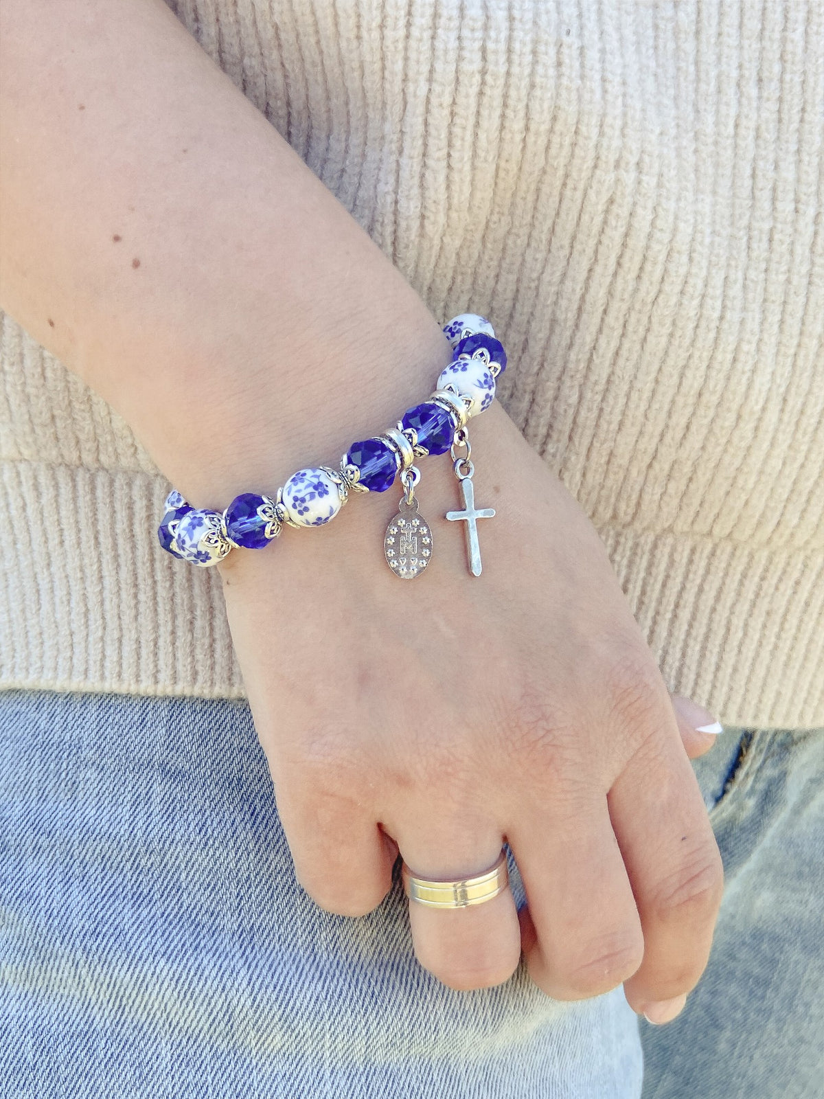 Christian Cross Bracelet Blue Crystal Beaded Stretch Rosary Bracelet - Nazareth Store